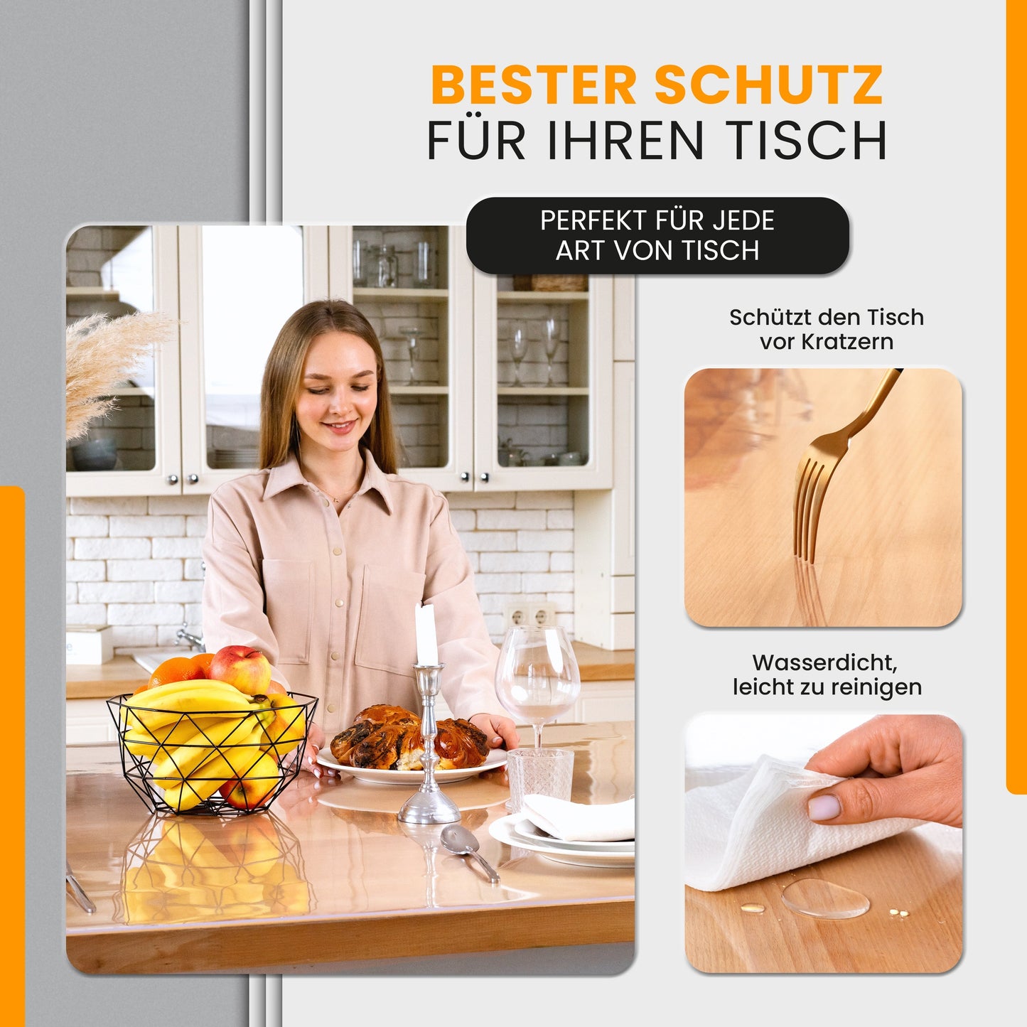 Tischschutzmatte Transparent 70cm Breite (häufige Größen) - Tischfolie Glasklar