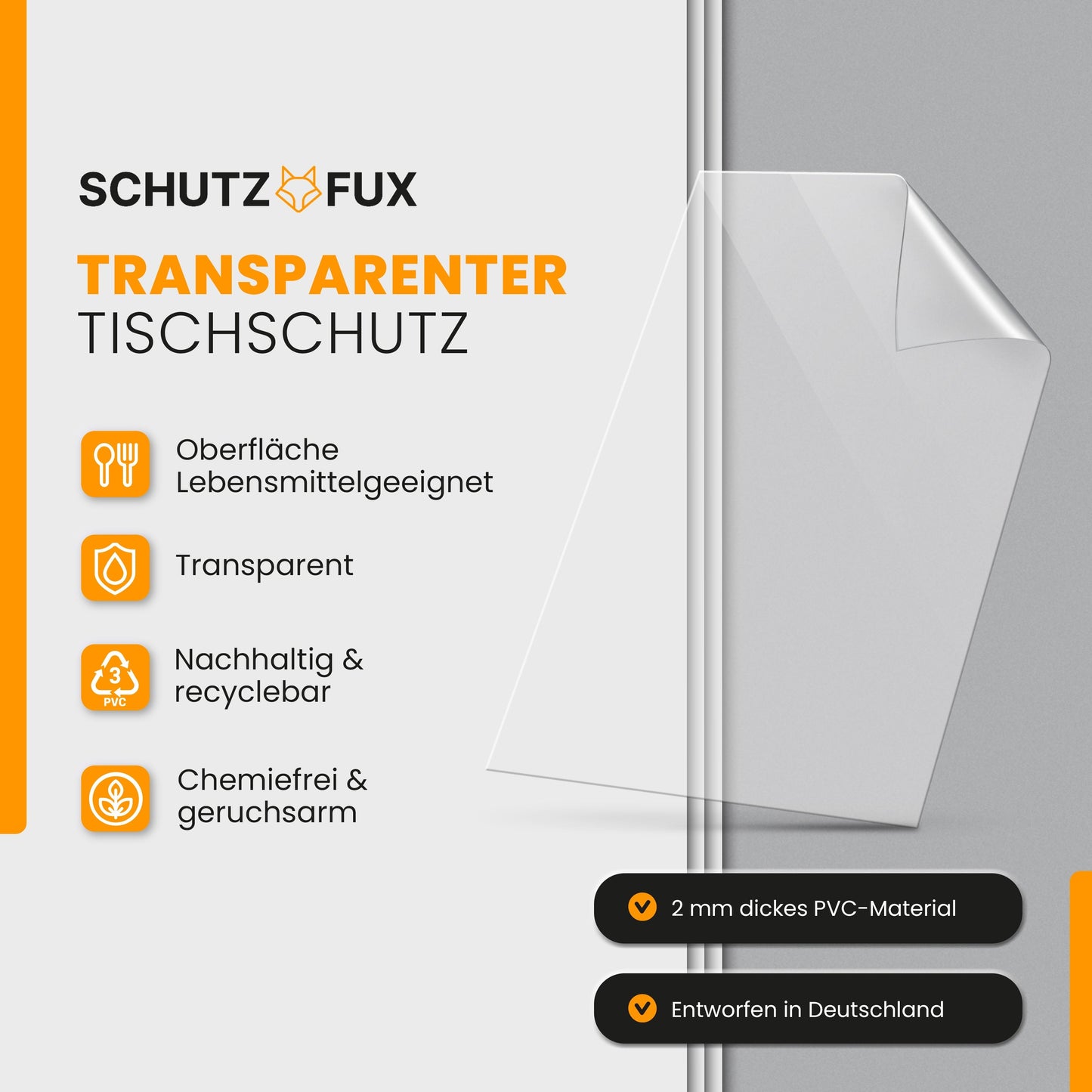 Tischschutzmatte Transparent 70cm Breite (häufige Größen) - Tischfolie Glasklar
