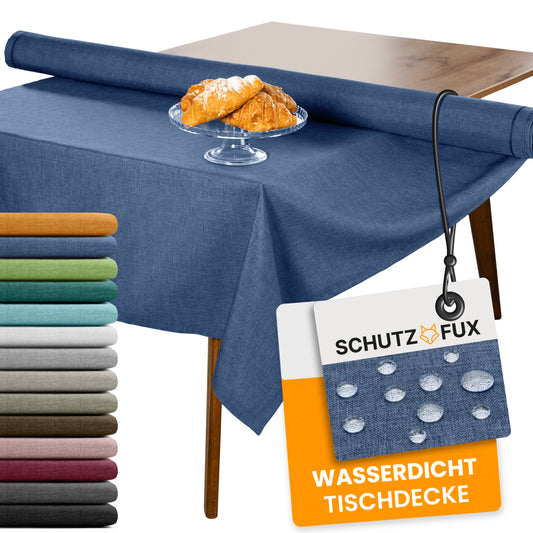 SCHUTZ-FUX Tischdecke Leinenoptik Blau Oval & Rund – abwaschbar & wasserdicht