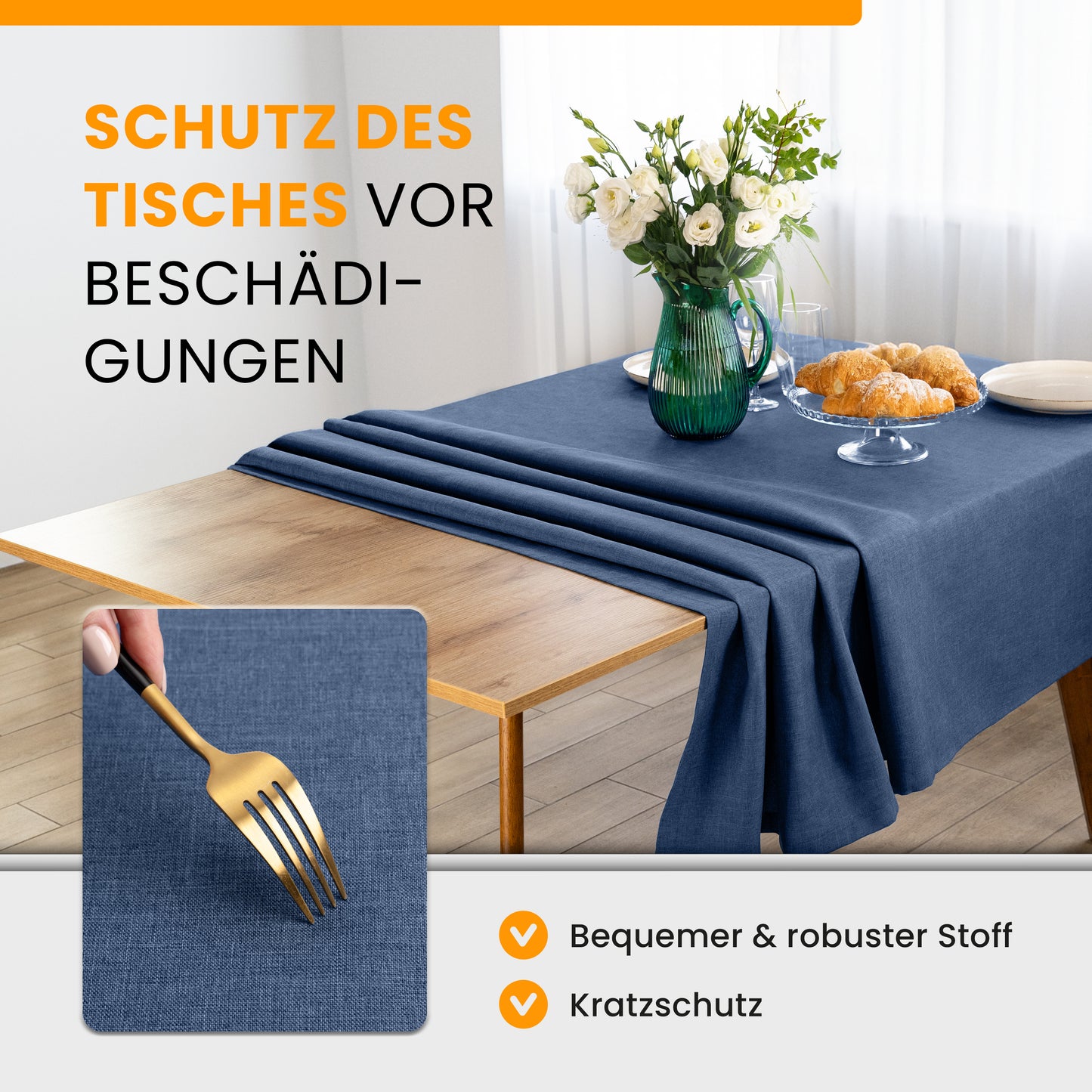 SCHUTZ-FUX Tischdecke Leinenoptik Blau Eckig – abwaschbar & wasserdicht
