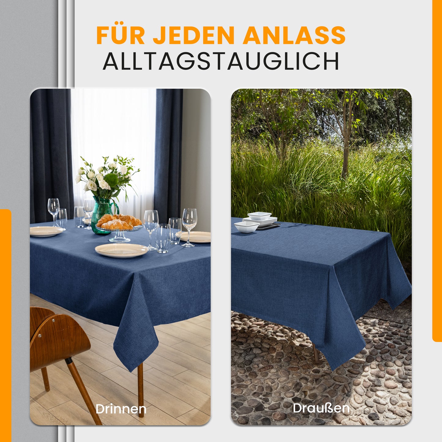 SCHUTZ-FUX Tischdecke Leinenoptik Blau Oval & Rund – abwaschbar & wasserdicht