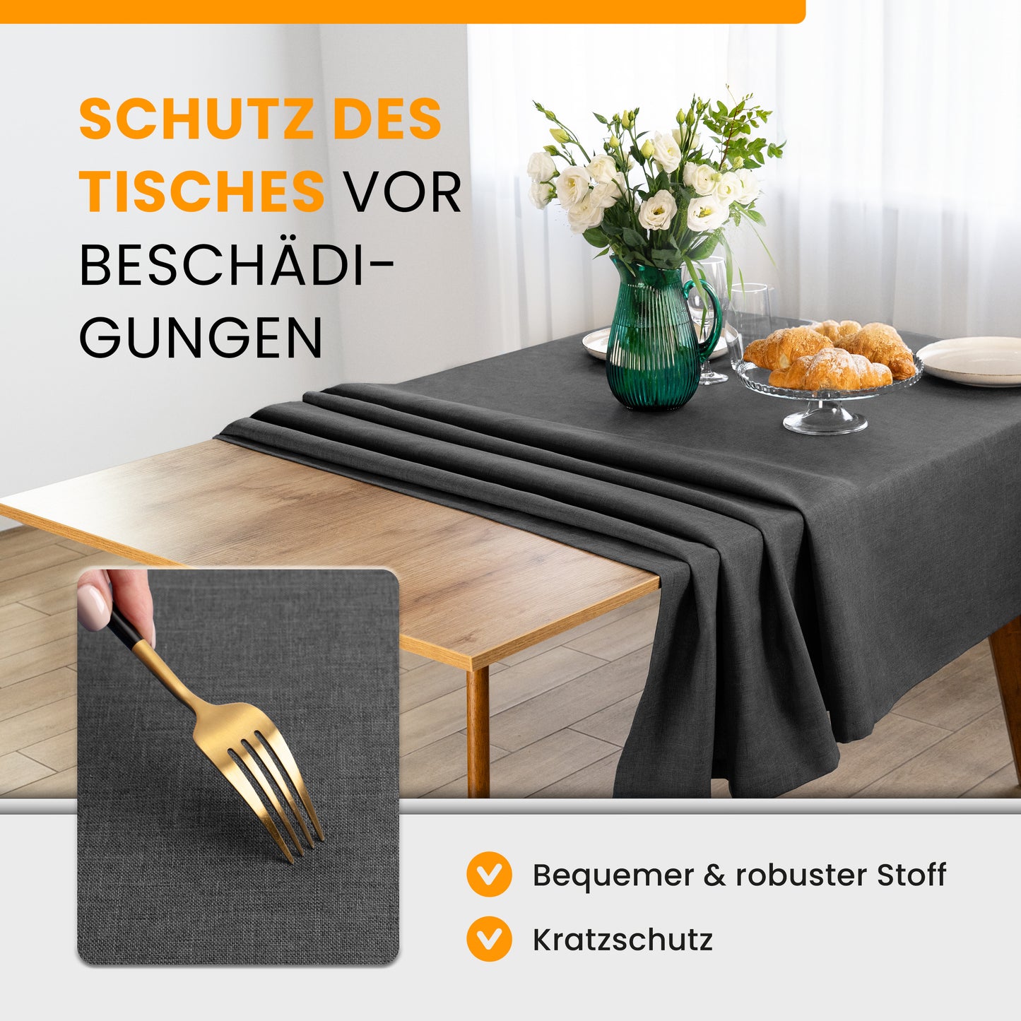 SCHUTZ-FUX Tischdecke Leinenoptik Grau Oval & Rund – abwaschbar & wasserdicht