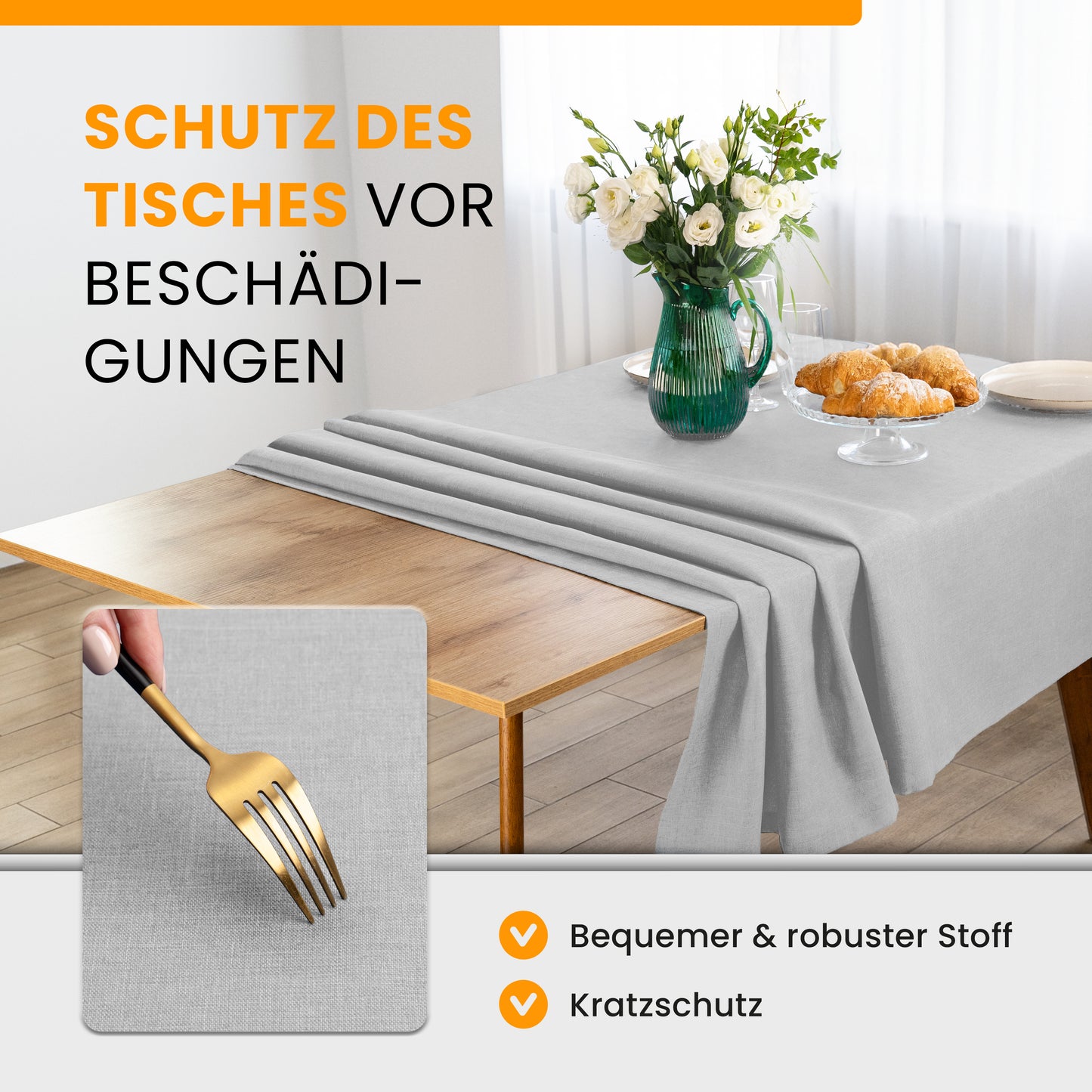 SCHUTZ-FUX Tischdecke Leinenoptik Hellgrau Eckig – abwaschbar & wasserdicht