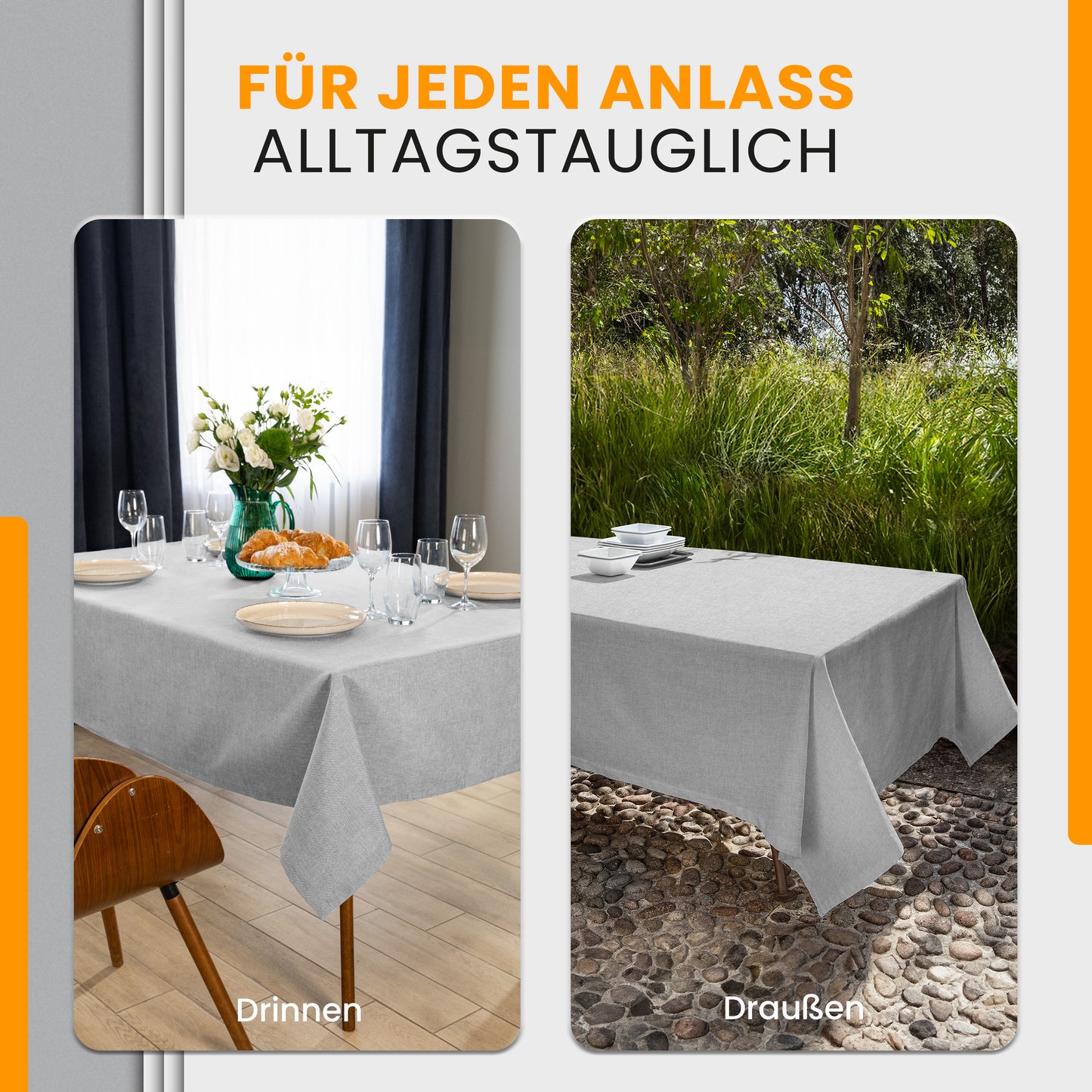 SCHUTZ-FUX Tischdecke Leinenoptik Hellgrau Oval & Rund – abwaschbar & wasserdicht