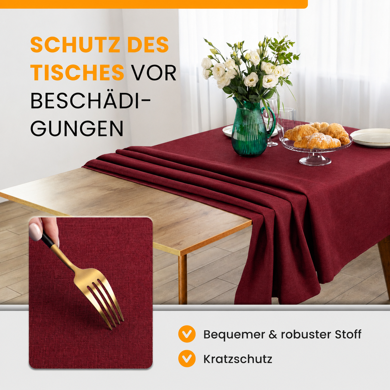 SCHUTZ-FUX Tischdecke Leinenoptik Rot Eckig – abwaschbar & wasserdicht