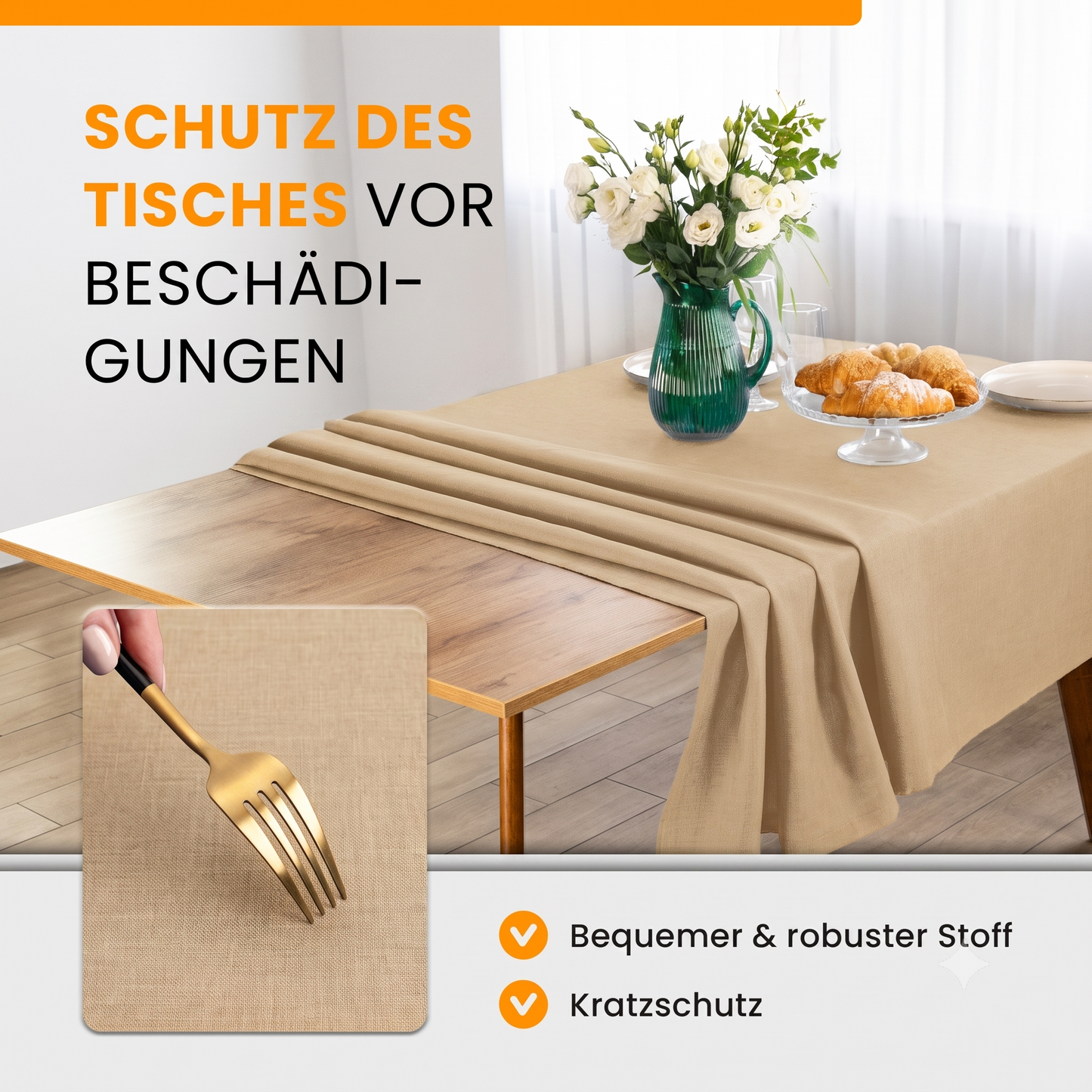 SCHUTZ-FUX Tischdecke Leinenoptik Sand Eckig – abwaschbar & wasserdicht
