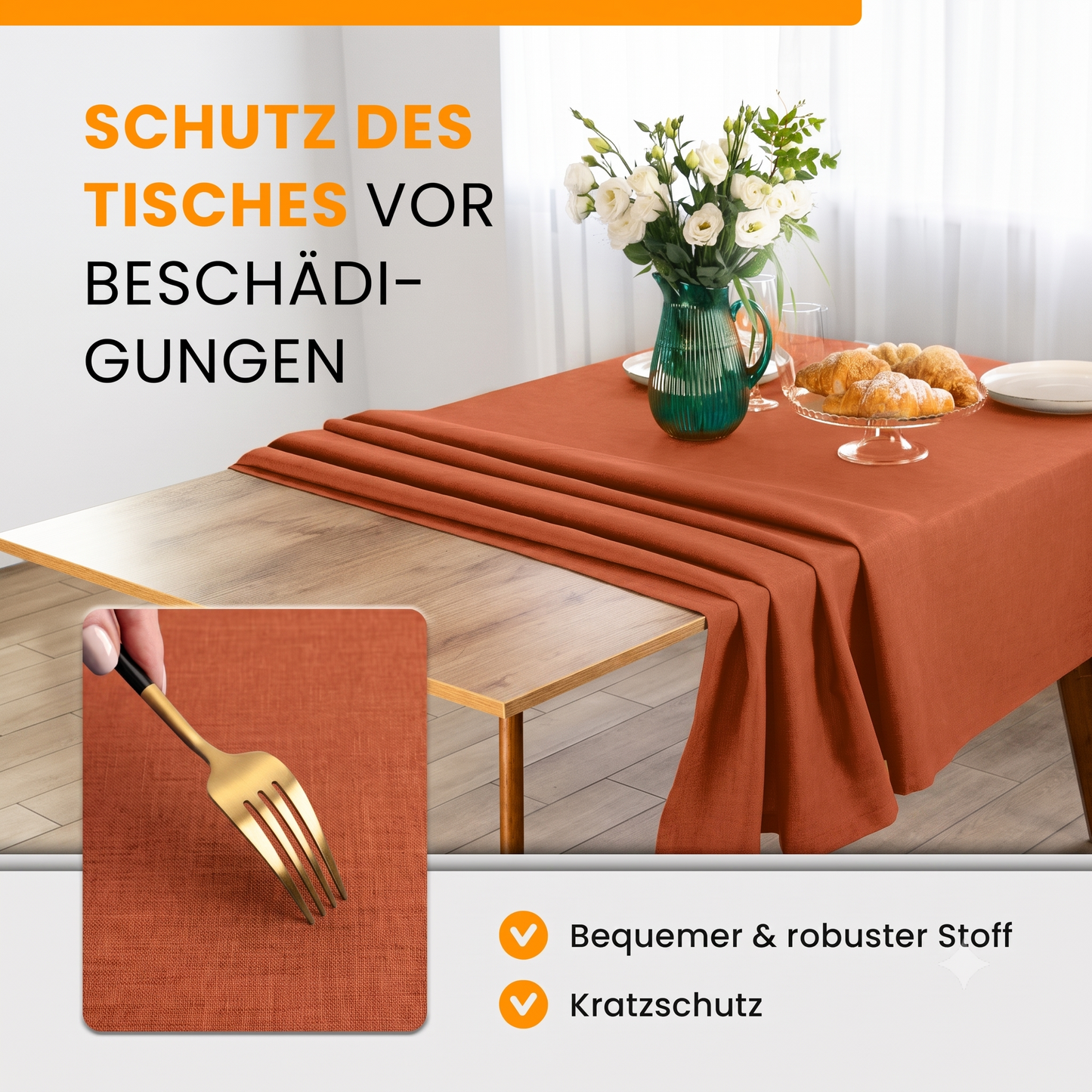 SCHUTZ-FUX Tischdecke Leinenoptik Terracotta Eckig – abwaschbar & wasserdicht