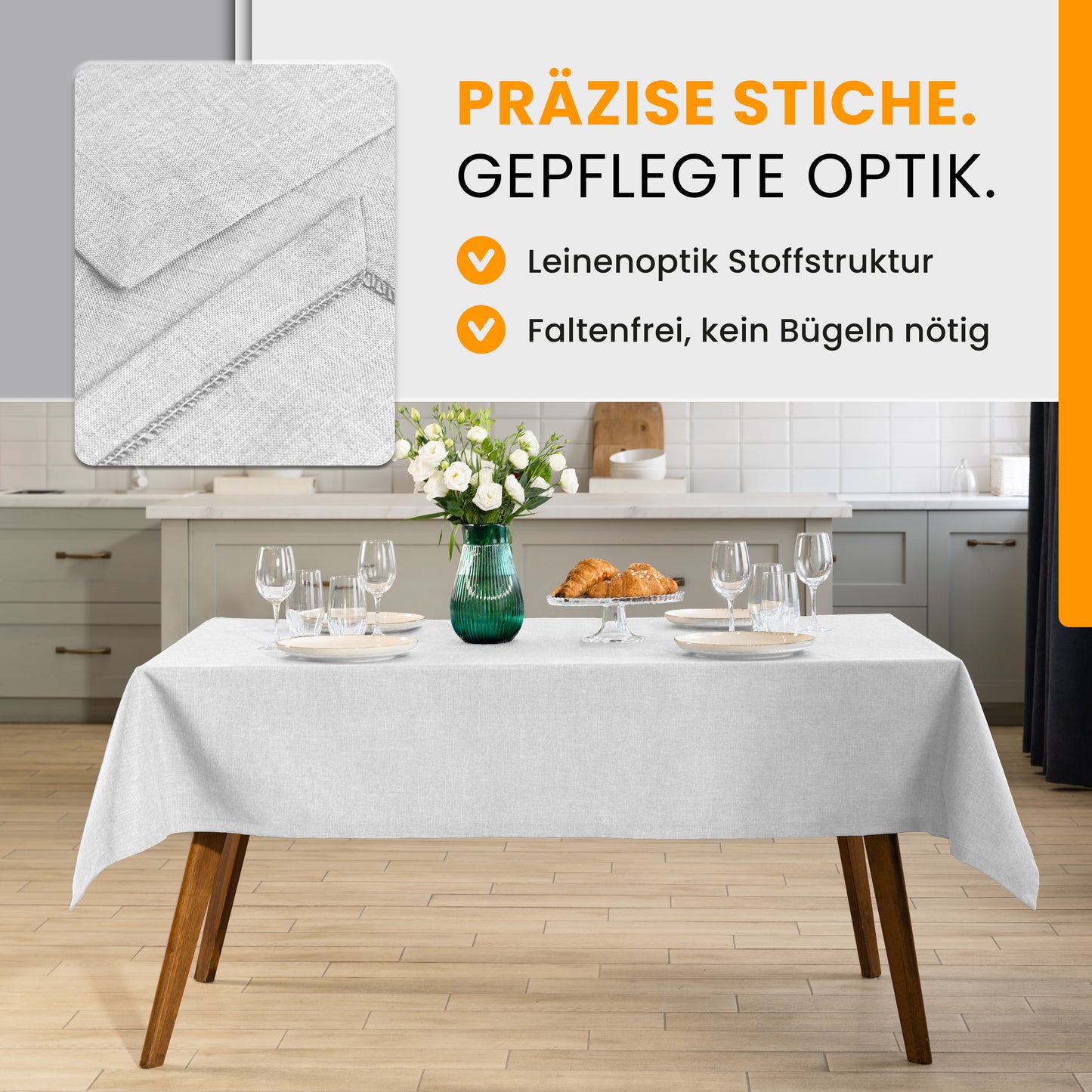 SCHUTZ-FUX Tischdecke Leinenoptik Weiß Eckig – abwaschbar & wasserdicht