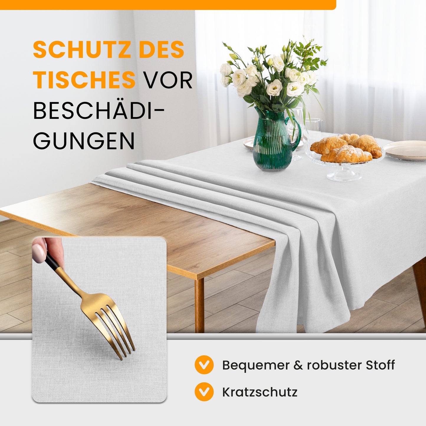 SCHUTZ-FUX Tischdecke Leinenoptik Weiß Eckig – abwaschbar & wasserdicht